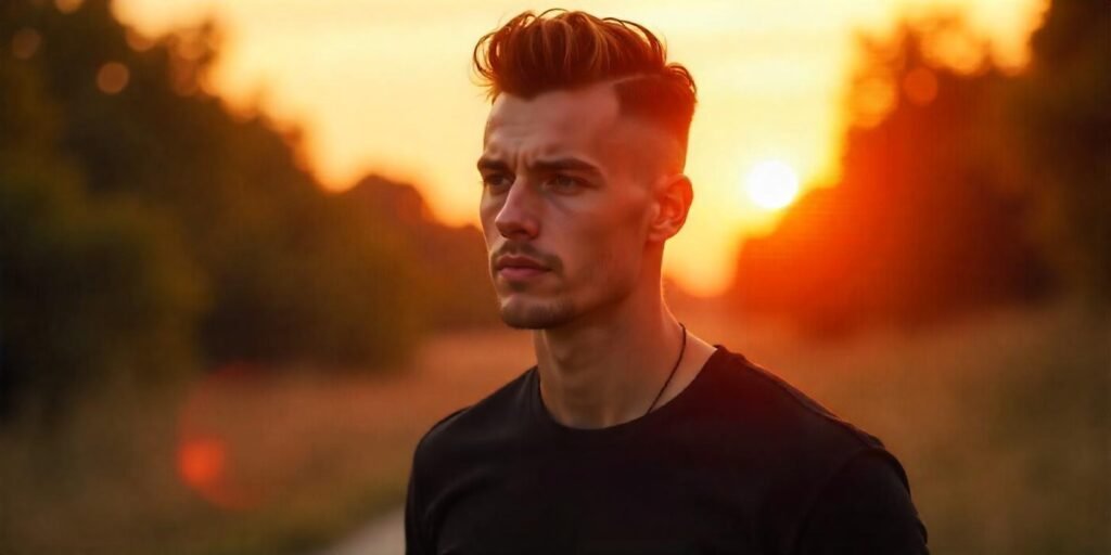 "Young man with undercut and short layers hairstyle in a romantic outdoor setting"