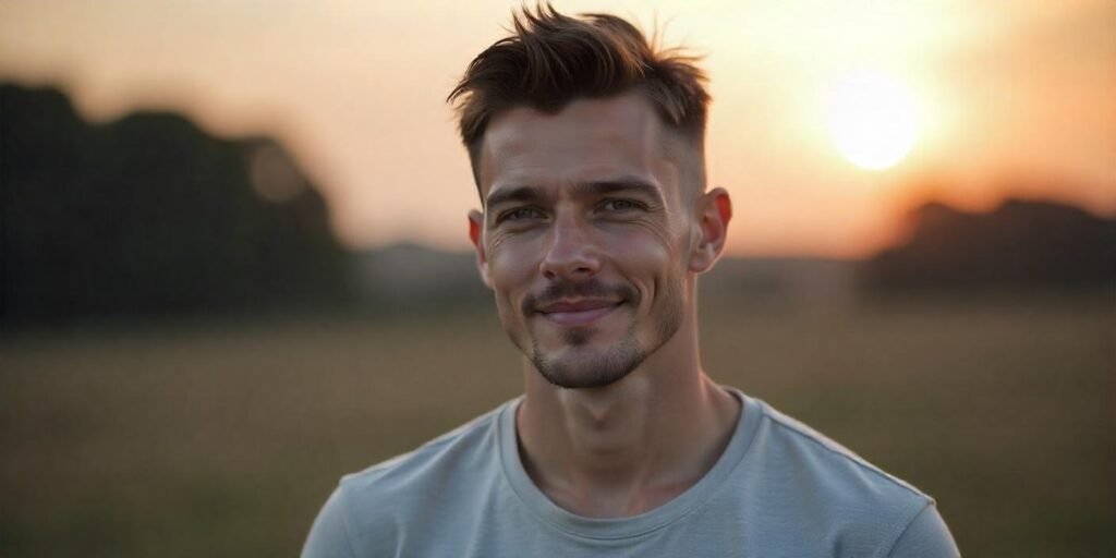 "French crop hairstyle for men with a natural dark brown color and a relaxed, romantic background."