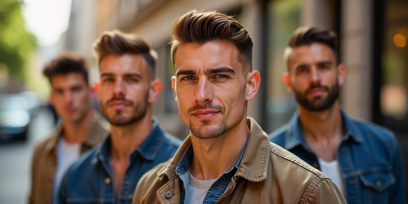 Men with diverse crew cut hairstyles showing fades textured tops and sharp edges for modern versatile looks