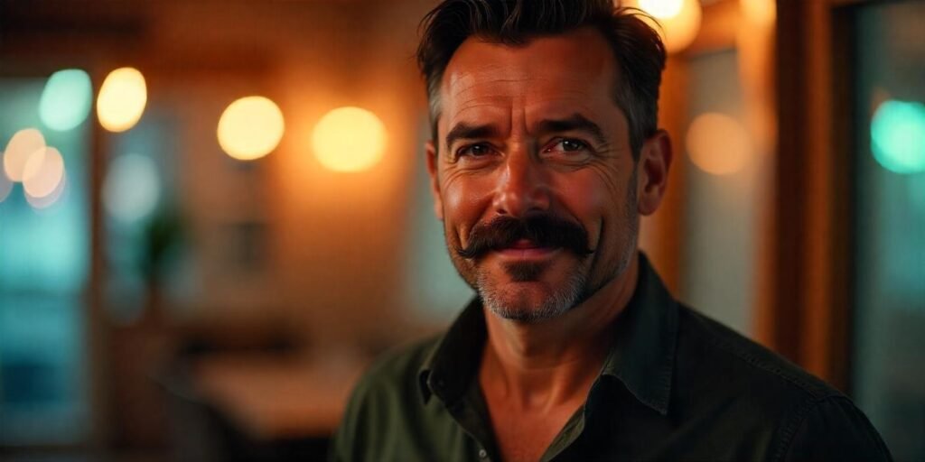 Man with horseshoe mustache, stylish beard, and romantic background, showcasing a modern look.