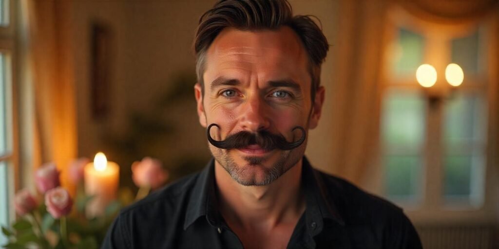 "Man with a bold handlebar mustache, neat style, and romantic background, embodying classic grooming."