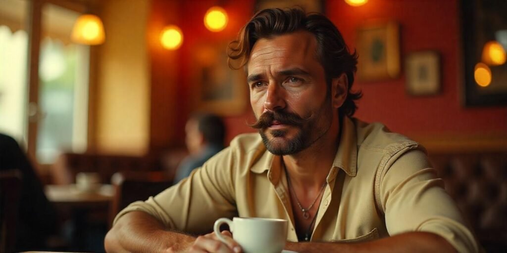 "Man with a thick walrus mustache sitting in a cozy cafe, showing the timeless facial hair style."