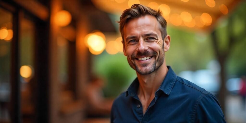"Man with Painter's Brush Mustache in a romantic cafe setting, dressed in a blue shirt, soft confident smile."