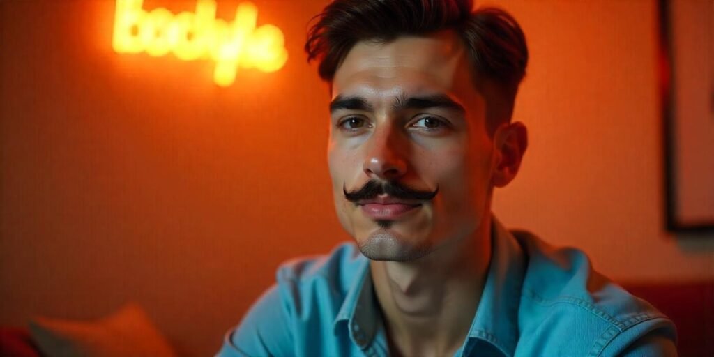 "Realistic image of a man with a neat toothbrush mustache, casual outfit, and romantic background."