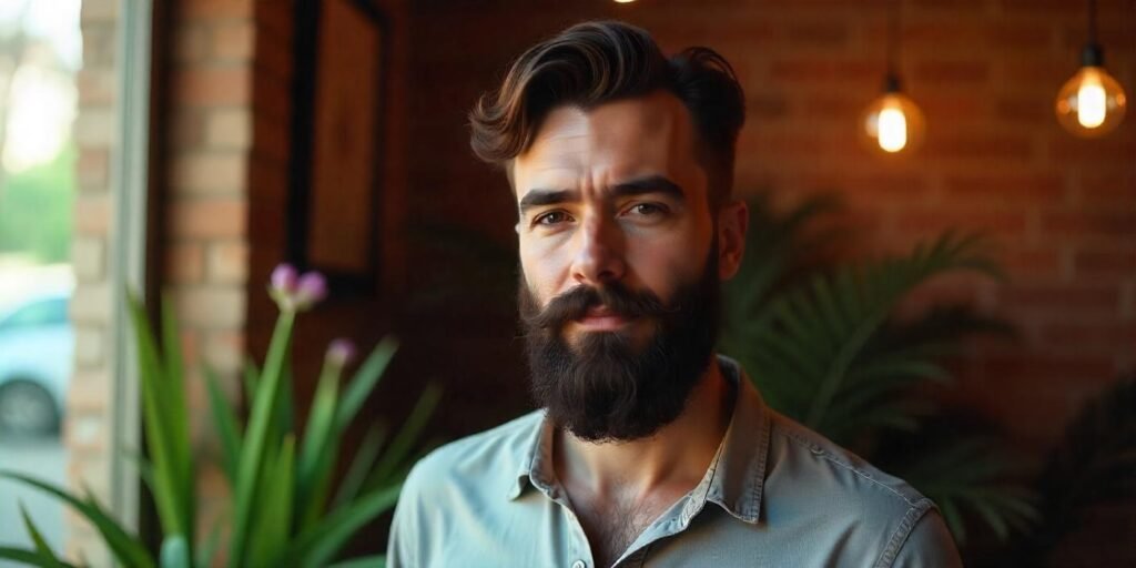"Realistic image of a man with a full beard in a romantic setting with natural light"