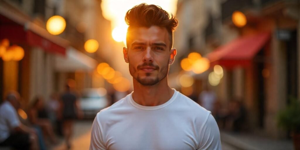 "Realistic image of a young man with a pompadour hairstyle with extra volume, showcasing a confident and youthful look."
