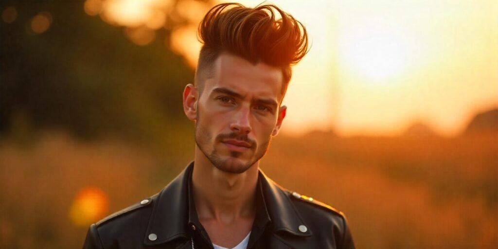 "Mountain-high pompadour hairstyle for men with a confident, bold expression, outdoor romantic background."