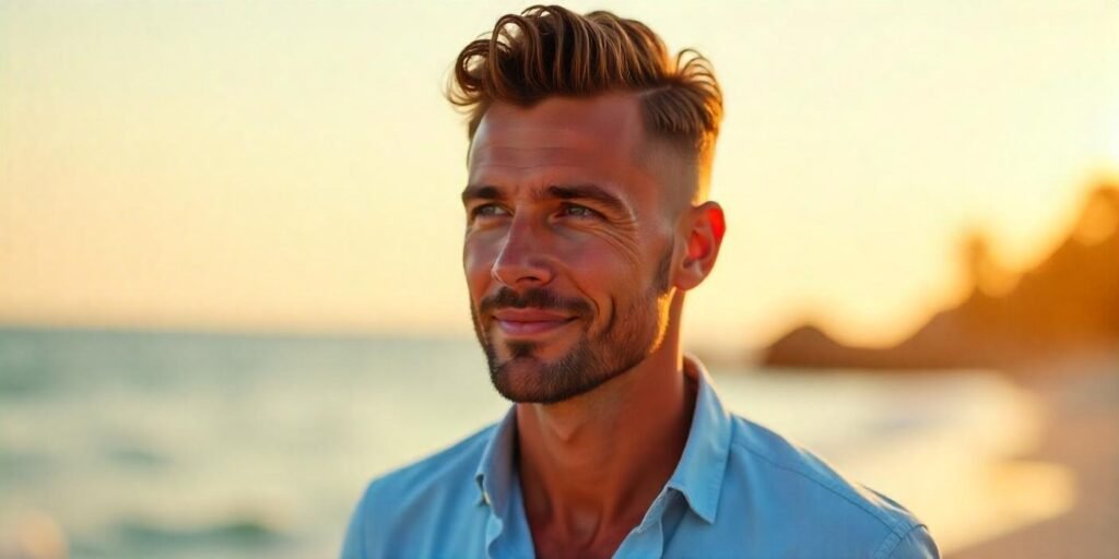 Man with a Caesar cut and mullet hairstyle, wearing a light blue shirt, set against a romantic background.








