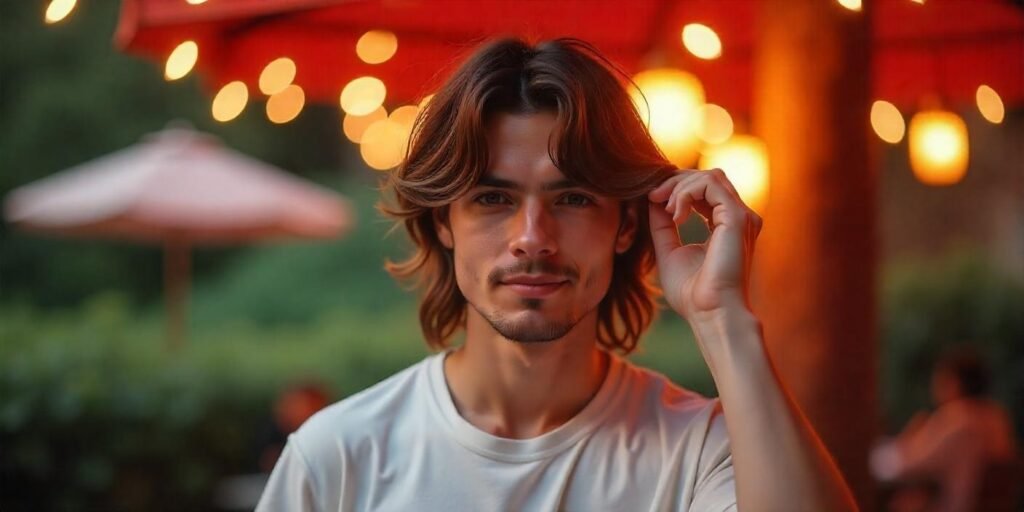 Man with mullet hairstyle and curtain bangs, casual outfit, romantic background
