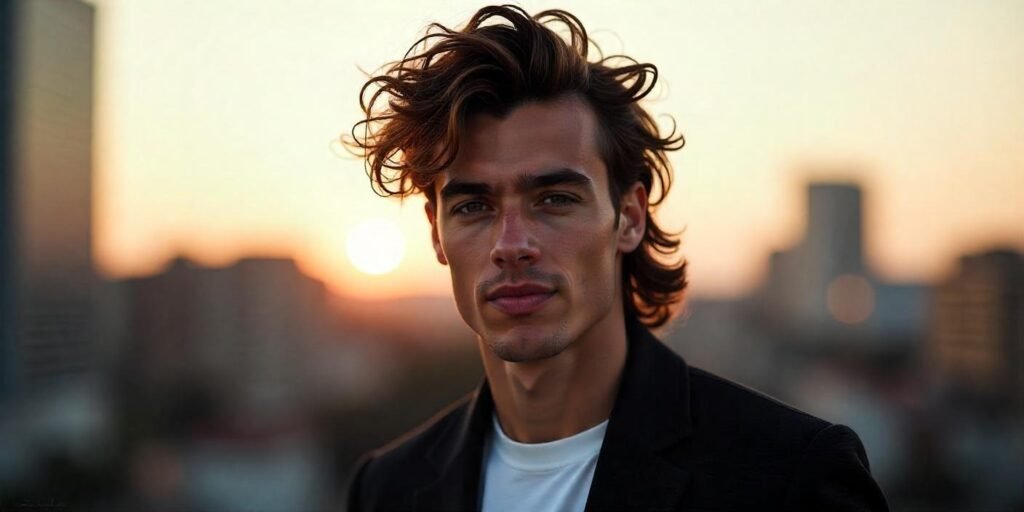 "Men's permed mullet hairstyle with curly hair, short sides, and romantic background vibe."








