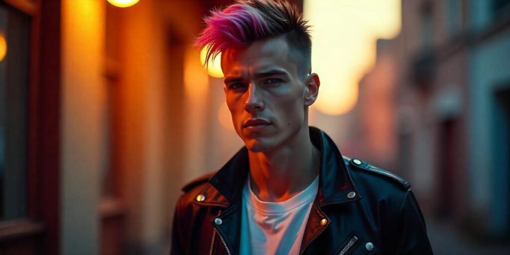 Spiky mullet with angular fringe and faux hawk hairstyle for men, styled with dramatic hair dye.








