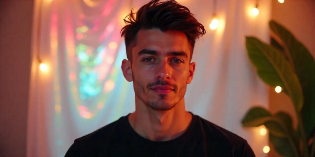 Realistic photo of a man with a textured mullet and skin fade in a romantic background.


