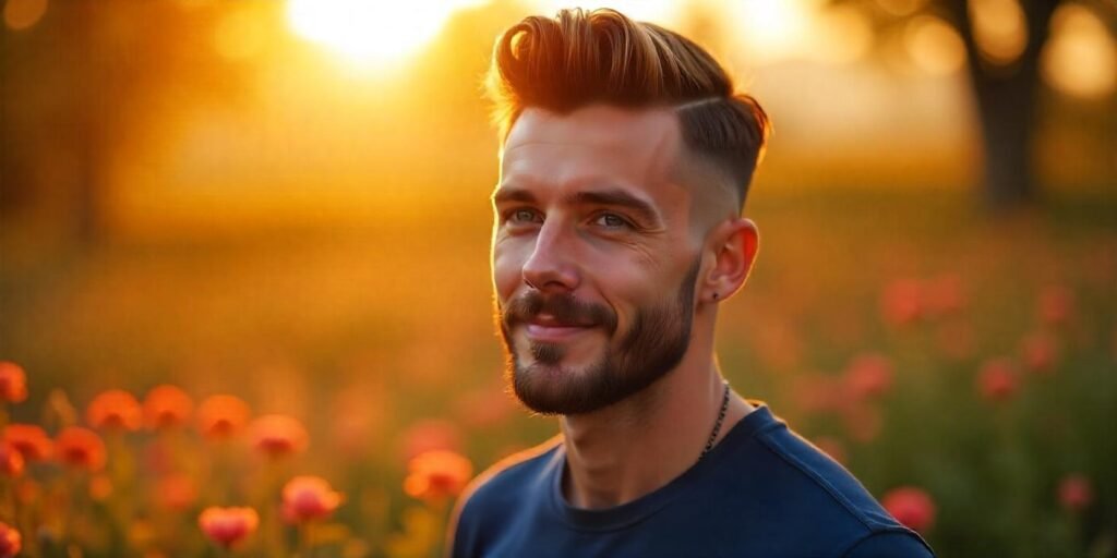 "Realistic photo of a man with a short quiff mullet, taper fade, and beard in a romantic setting"







