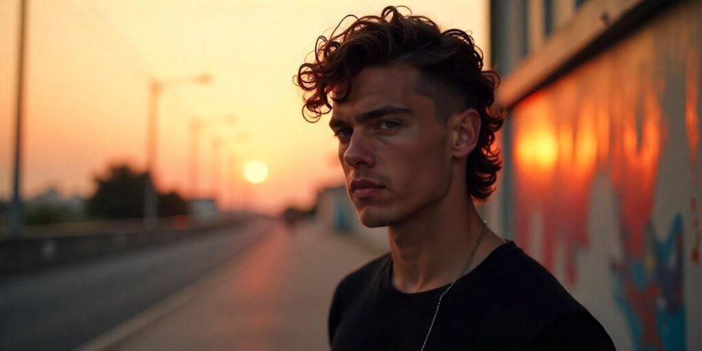 Young man with curly mullet and fade hairstyle, dressed in a black shirt, looking confidently with a romantic background.







