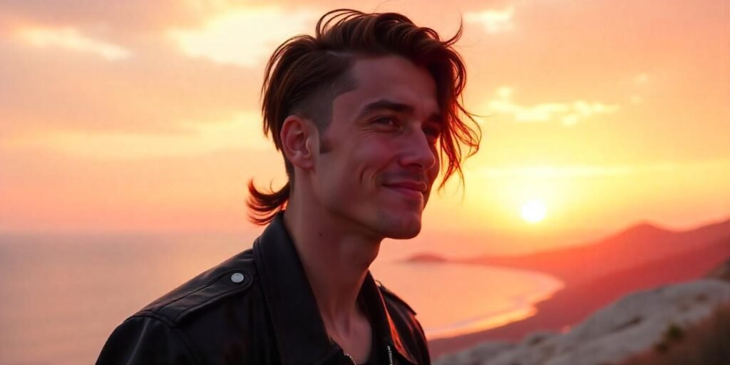 "Flowy mullet with disconnected undercut on a confident young man in a romantic sunset background"

