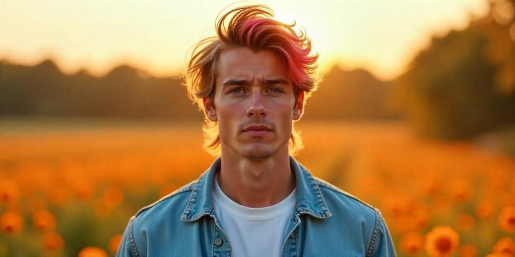 Textured mullet hairstyle with dyed tips, showing confidence and style in a romantic outdoor setting.









