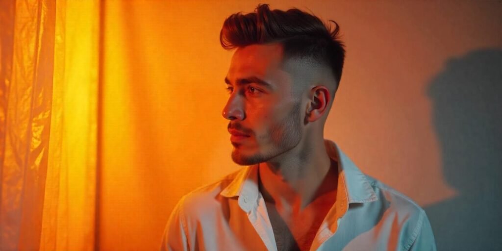 "Man with Horseshoe Flat Top Skin Fade Mullet hairstyle and casual white shirt, romantic background."








