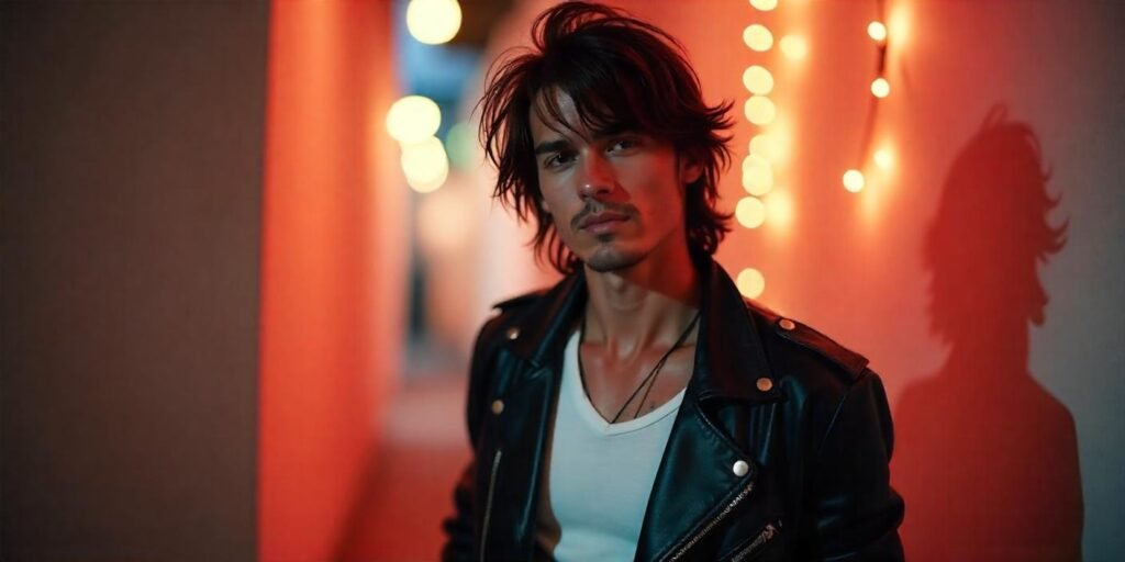 Mick Jagger style long hair wolf cut for men, leather jacket, and confident expression in a romantic setting.







