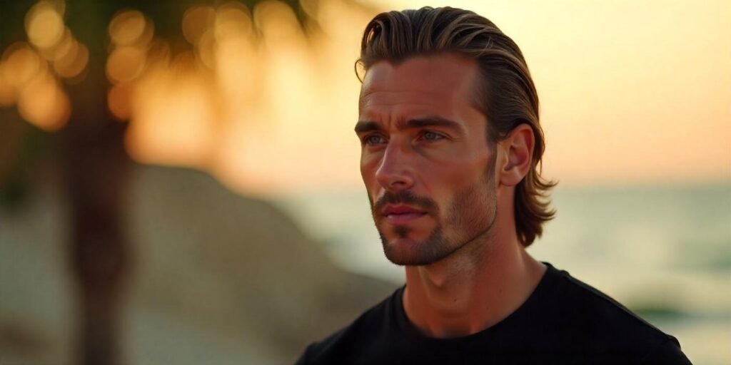 Man with a slicked-back mullet hairstyle in a romantic setting, wearing a black t-shirt.







