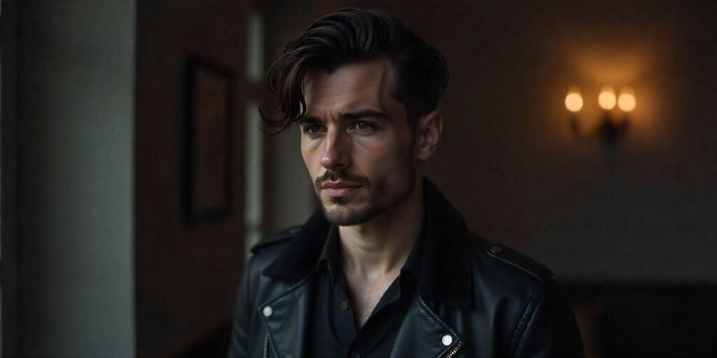 "Man with long wolf cut square layers, dark brown hair, in a black leather jacket, romantic background."







