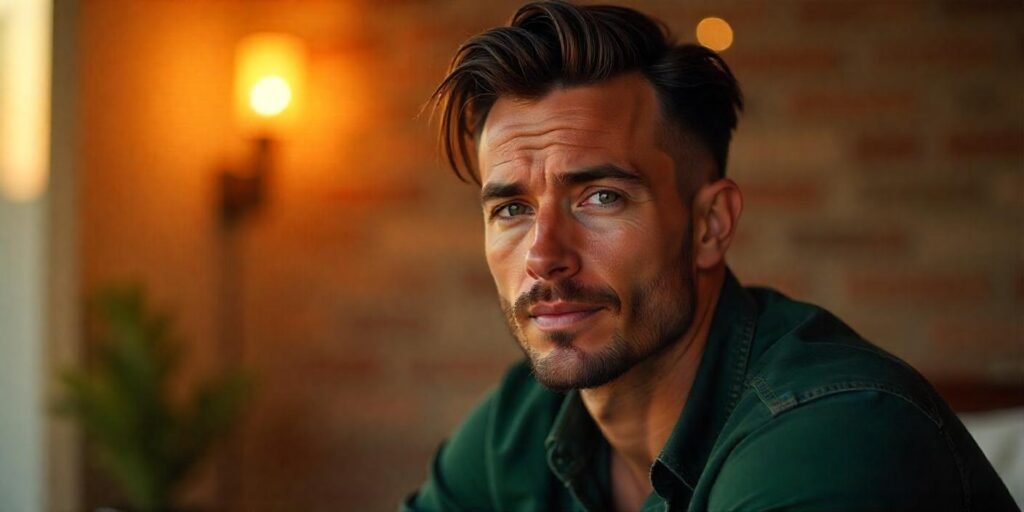 Realistic photo of a man with a modern mullet wolf cut hairstyle, textured and controlled, wearing a dark green shirt.






