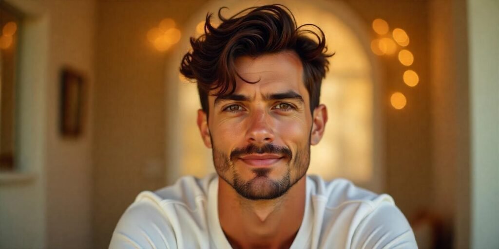 "Man with wolf cut hairstyle featuring flicks and bends, dressed in a white shirt with a relaxed expression in a romantic background."







