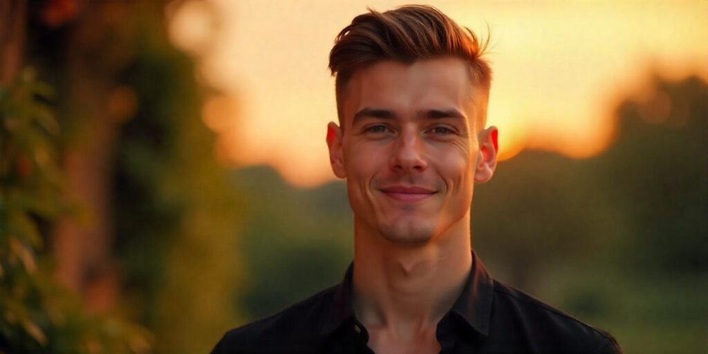 Realistic image of a young man with a Caesar haircut, wearing a black shirt, in a romantic outdoor setting.