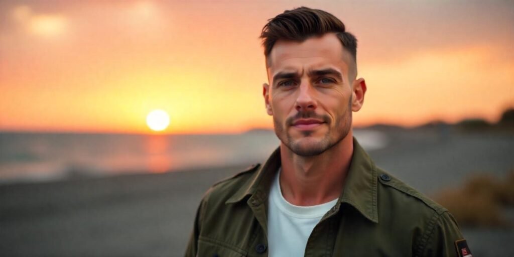 "Man with military undercut hairstyle in army green jacket, casual look, romantic sunset background."