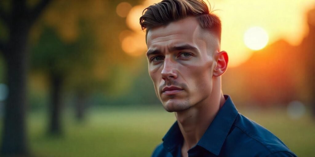 A young man with a Brush Cut hairstyle, dressed in a dark blue shirt, exuding a disciplined and professional look in a romantic background.