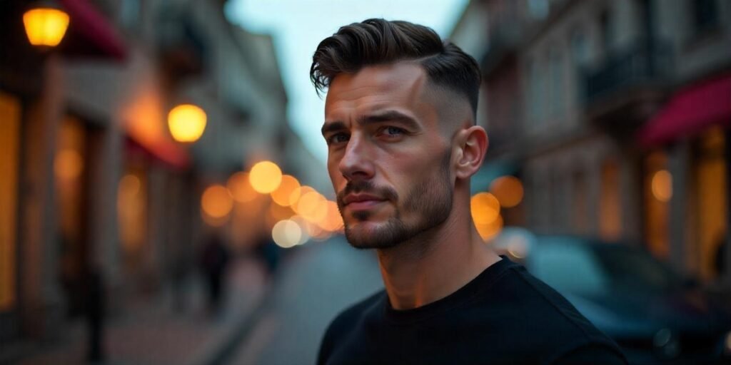 "Man with slick back undercut hairstyle, dark brown hair, wearing black t-shirt, in romantic urban setting"