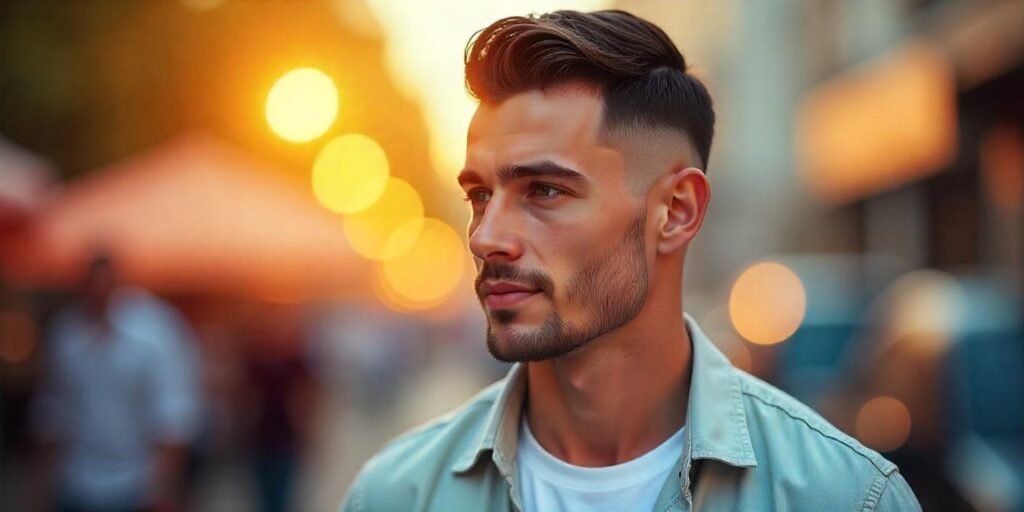 "Realistic photo of a man with a swept-back military haircut in a romantic outdoor setting"