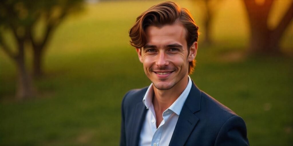 Wavy side part hairstyle for men, featuring a clean, professional look with a relaxed expression and romantic background.