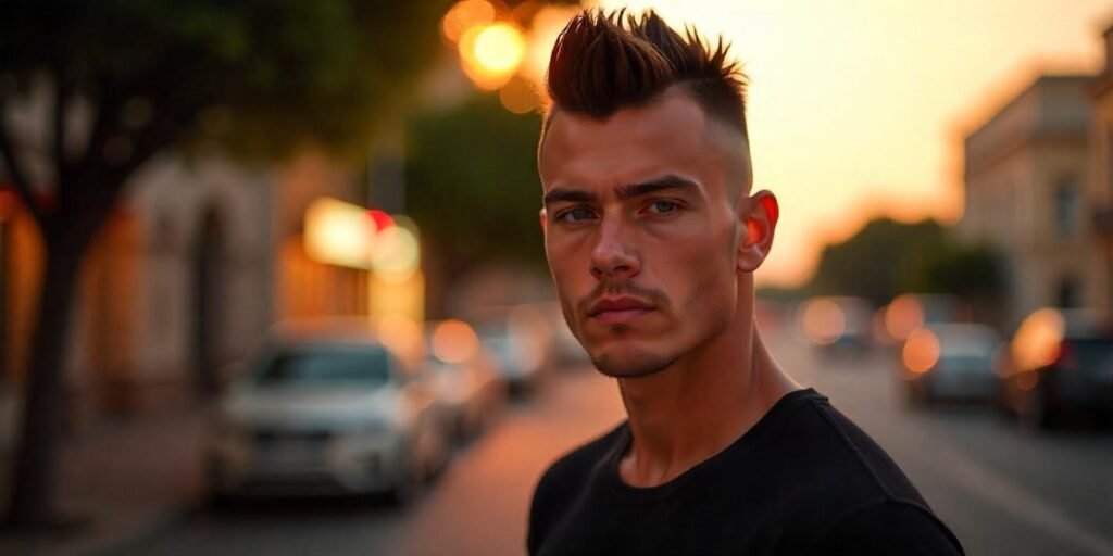 "Realistic image of a man with a military mohawk haircut, wearing a black t-shirt and standing in a romantic setting."