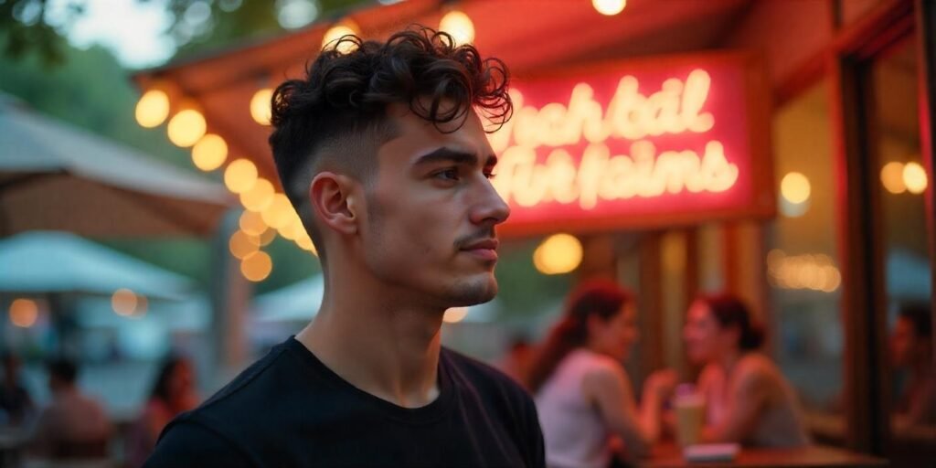 A man with curly hair in a curly army haircut, wearing a black t-shirt, in a romantic setting.