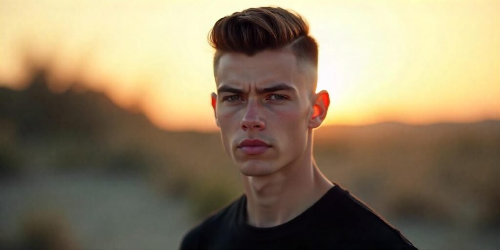 "Realistic image of a young man with a Micro Flat Top haircut, wearing a black T-shirt, in a romantic background."