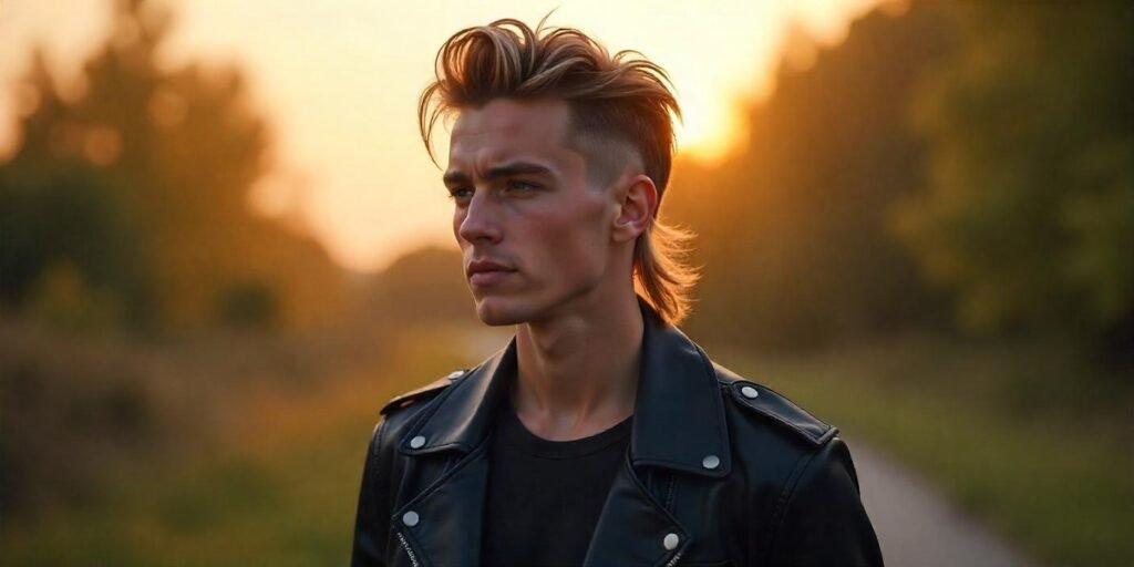 Young man with long mullet haircut, black leather jacket, in a romantic sunset background.

