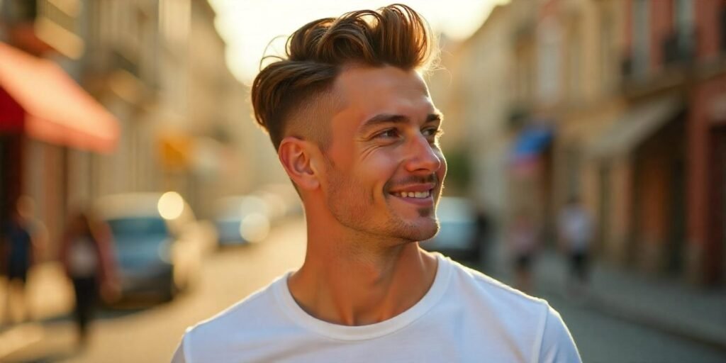 "Young man with a Mullet Taper Fade hairstyle, stylish and confident, in a romantic urban setting."








