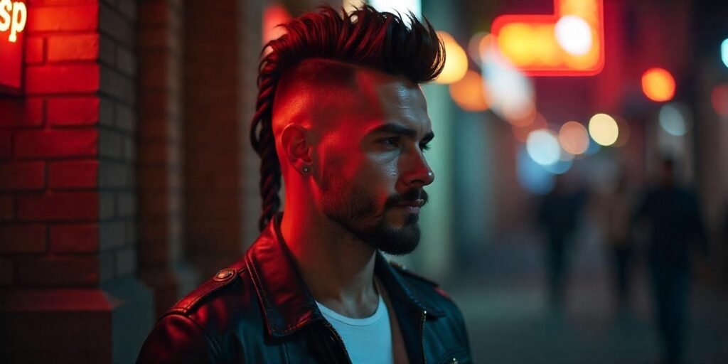 Realistic photo of a man with Mohawk Mullet haircut, short beard, and casual attire in a romantic setting.

