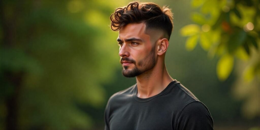 "Short mullet hairstyle for men with loose curls, skin fade, and groomed beard, against a romantic background."








