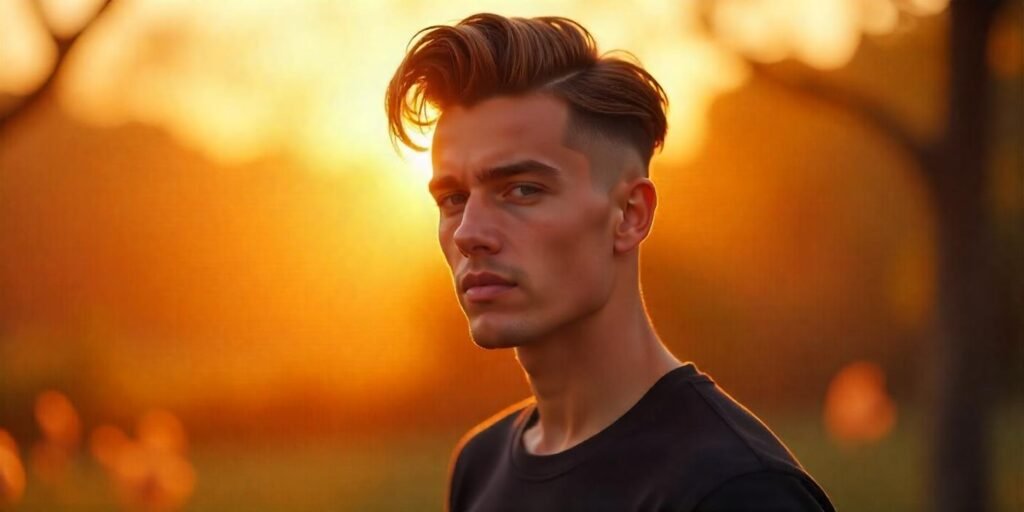"Young man with burst fade mullet hairstyle, dressed casually, romantic background."








