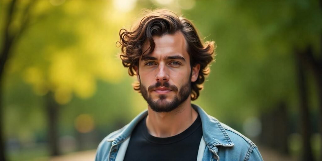 Young man with curly mullet hairstyle, razor fade, and blended beard in a romantic outdoor setting.








