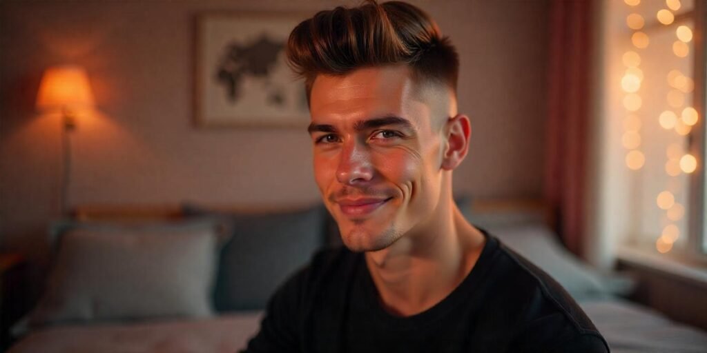 "Realistic image of a young man with a mullet fade hairstyle in a black t-shirt, standing against a romantic background."








