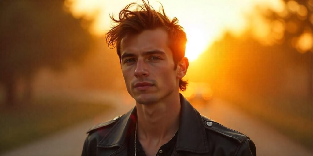 Shaggy mullet hairstyle for men with short sides, tousled hair, and a bold, rebellious look. Romantic sunset background.








