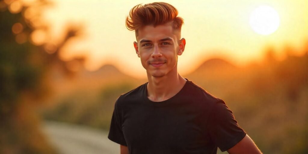 "Realistic photo of a young man with a Two Block Mullet hairstyle, casual style, and romantic background."

