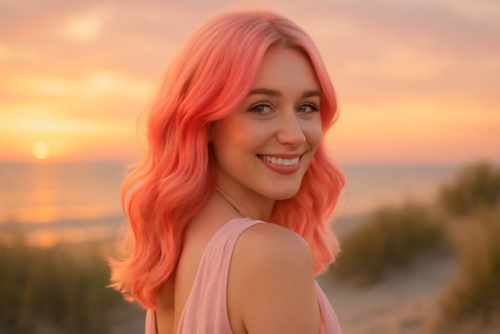 Romantic sunset vibes with peachy pink hair color, a blend of Peach Prosecco and Frosé on platinum blonde.