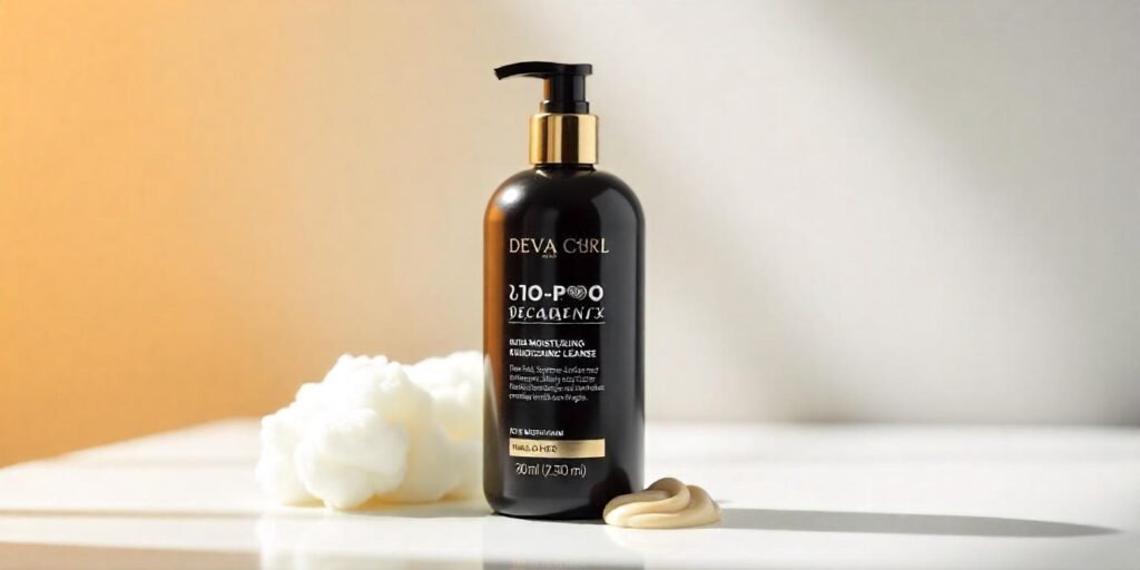 Deva Curl No-Poo Decadence sulfate-free cleanser bottle for curly hair with a dollop of product, isolated on white."