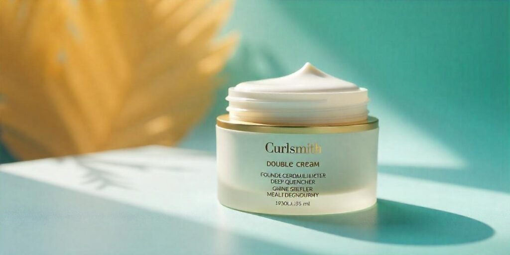 Curlsmith Double Cream Deep Quencher in a realistic photo, featuring its sleek packaging and creamy texture
