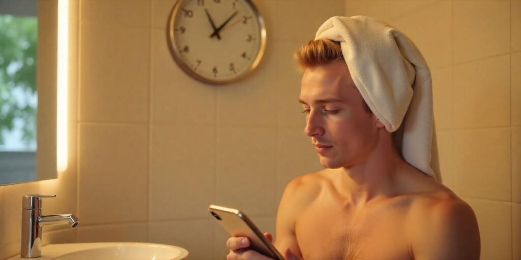 Person waiting with purple shampoo in their blonde hair, allowing it to sit for 5-10 minutes.
