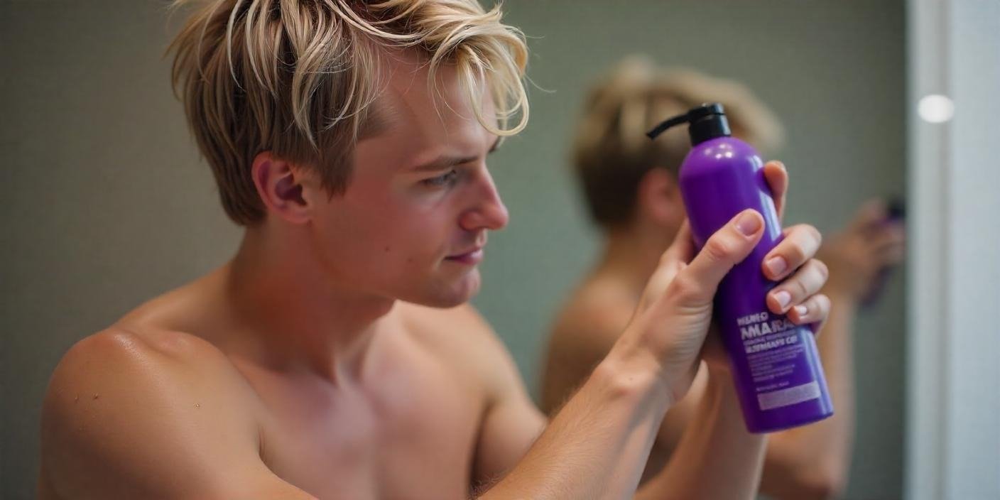 Blonde person applying purple shampoo to damp hair to neutralize brassiness and enhance cool tones.