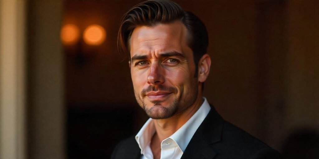 Realistic image of a man with a long side part hairstyle and diamond face shape, wearing a black suit.